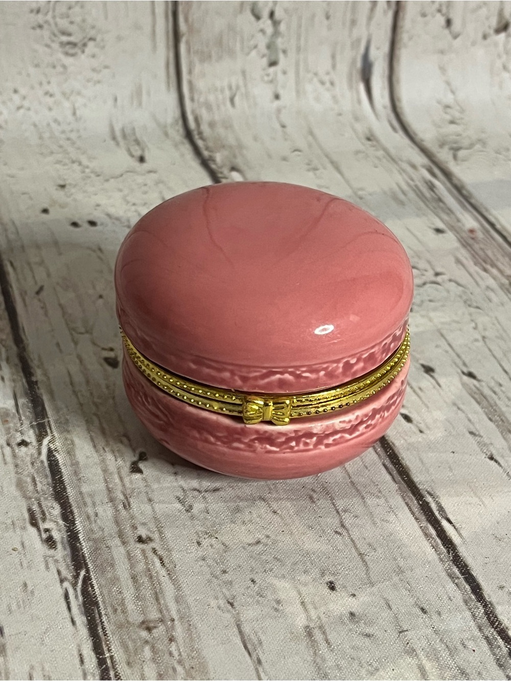 Pink Trinket Box Macaroon Porcelain with Gold Tone Accents